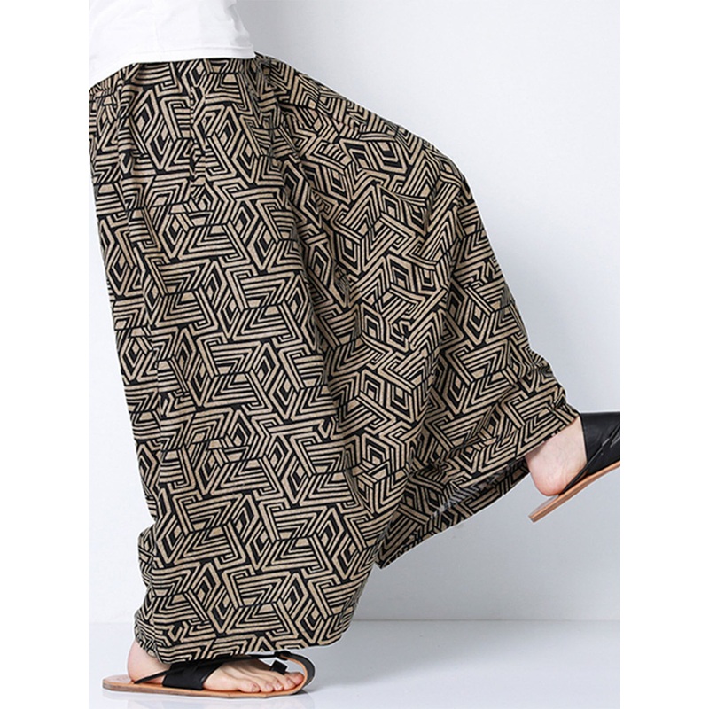 INCERUN Men Pant Ethnic Print Low Rise Long Pant Loose Fit Mens Elastic Streetwear Pants with Side Pockets S-5XL