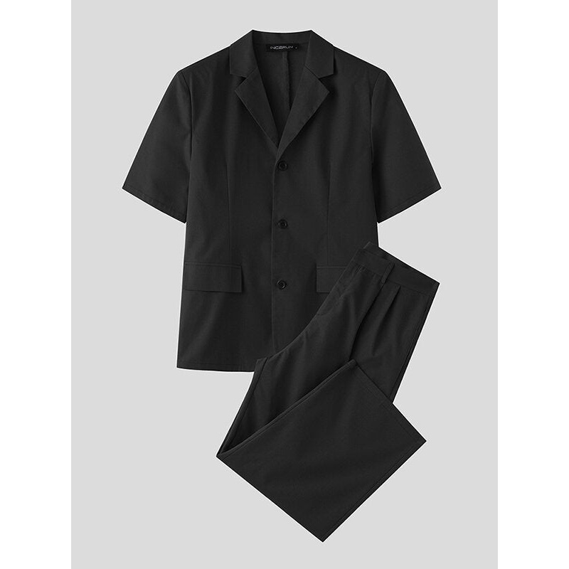 INCERUN Men Sets Short Sleeve Men Suit & Pant Mens Fashion Simple Solid Color Suits Two Pieces Outfits  Men’s Casual Suits S-5XL