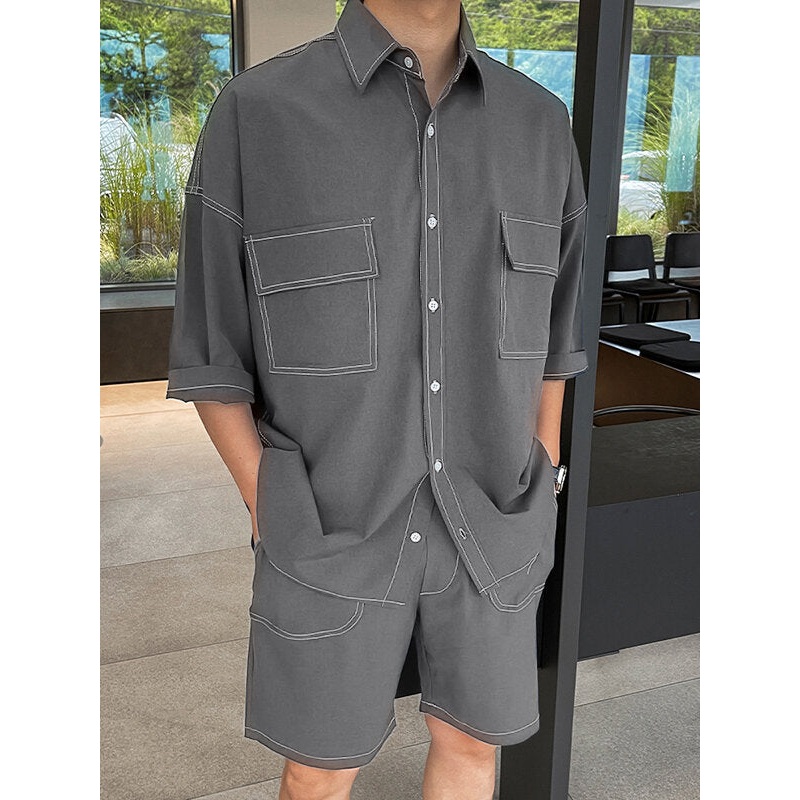 INCERUN Men Sets Solid Color Lapel Short Sleeve Shirts & Short Casual Daily Men Two Pieces Outfits with Pockets Fashion Men’s Casual Suits