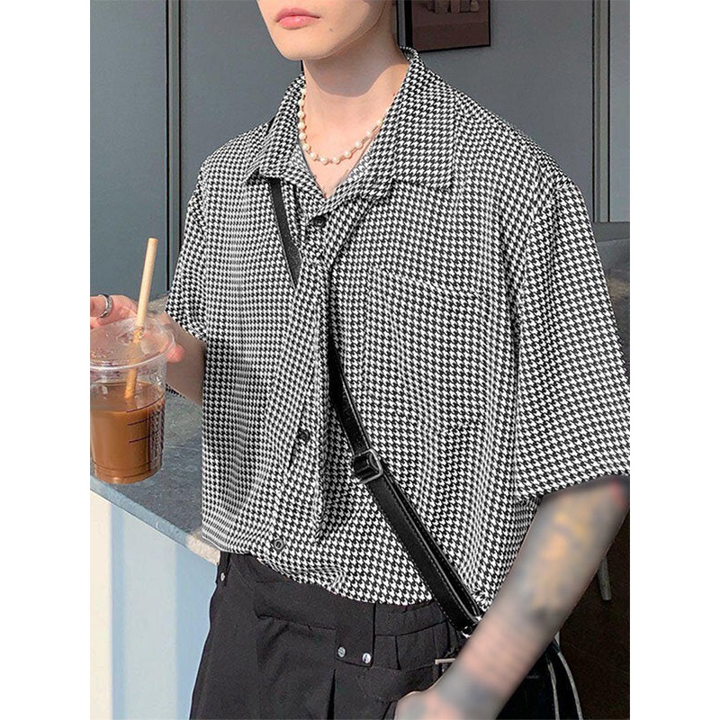 INCERUN Men Shirts Fashion Check Print Lace Up Lapel Shirt with Side Pocket Top Casual Daily Men Clothing