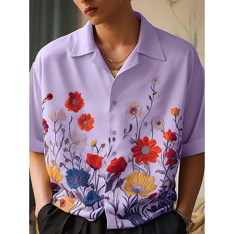 INCERUN Men Shirts Fashion Flower Print Shirt Mens Summer Streetwear Lapel Short Sleeve Top Daily Casual Shirts S-5XL