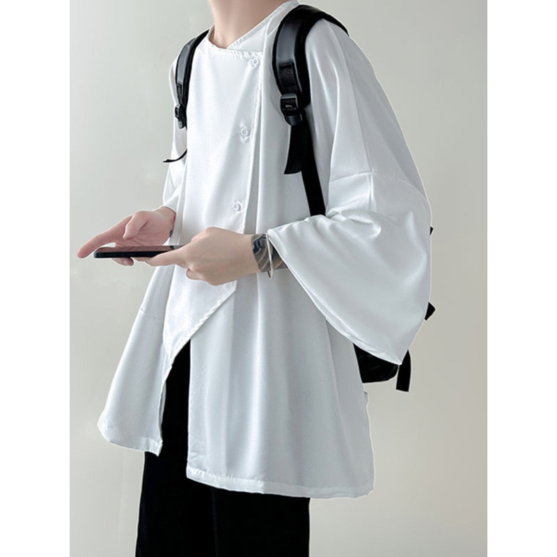INCERUN Men Shirts Irregular Slant Buttoned Round Neck Top Shirt Long Sleeve Daily Shirts Casual Loose Men Clothing