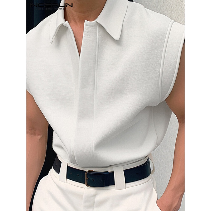 INCERUN Men Shirts Solid Color Sleeveless Shirt Casual Daily Lapel Streetwear Shirt Mens Clothing Summer Male Shirts