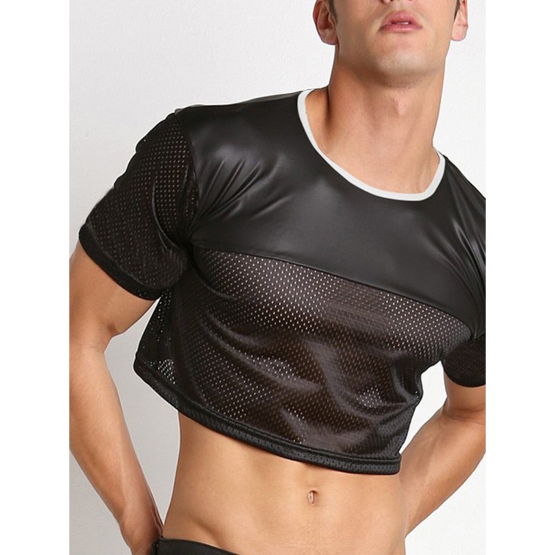 INCERUN Men T-shirt Mesh Patchwork Short T Shirt Fashion Solid Color Streetwear Tee Party Nightclub Short Sleeve Tops