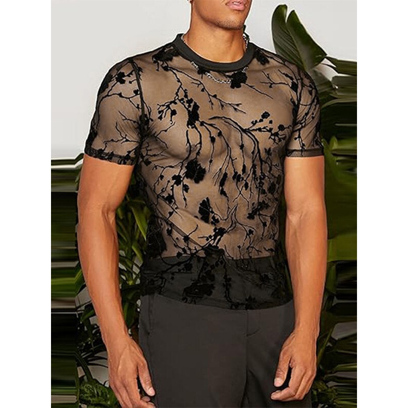 INCERUN Men T-shirts Fashion See-through Embroidered Flowers Mesh T-shirt Summer Mens Top Short Sleeve Streetwear Men Clothing