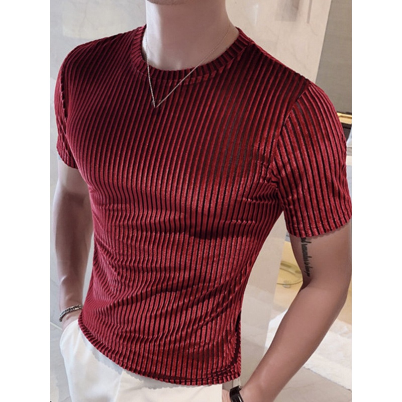 INCERUN Men T-Shirts Fashion Solid Color Skinny Elastic Top Tee Casual Summer Round Neck Short Sleeve Mens Clothing