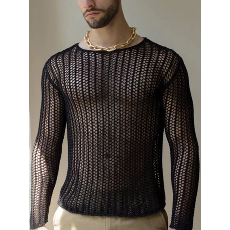 INCERUN Men T-Shirts Mesh Holloe Out Long Sleeve T-Shirts Fashion Solid Color Round-neck Summer Tee Mens Tops Daily