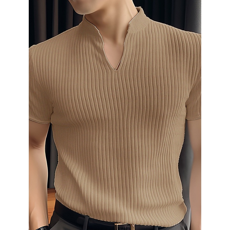 INCERUN Men T-shirts V-neck Knitted Short Sleeve Top Casual Solid Color Male Shirt Comfortable Mens Top Clothing
