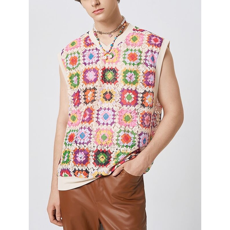 INCERUN Men Tank Top Fashion Color Block Print Sleeveless Top V-neck Summer Casual Mesh Lace Men Streetwear Clothing