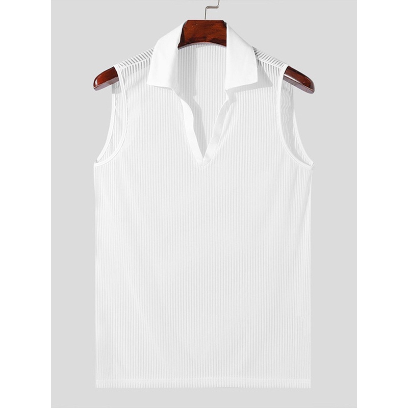 INCERUN Men Tank Top Simple Fashion Knitted Lapel White Tanks Skinny Summer See Through Sleeveless Men Top