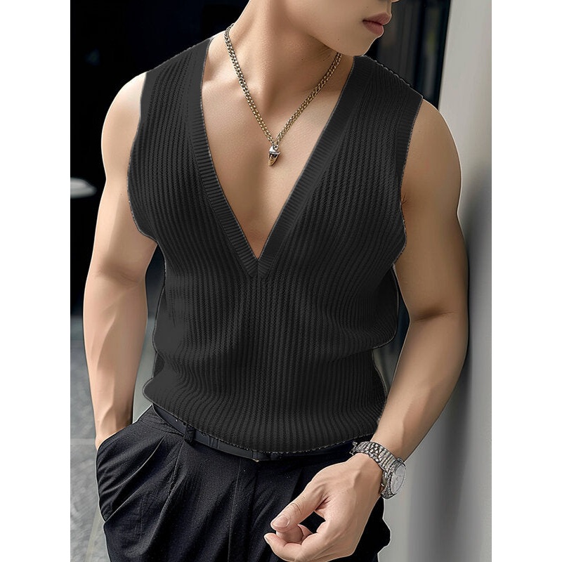 INCERUN Men Tank Tops V-neck Mesh Knitted Sleeveless Vests Streetwear Tanks Fashion Casual Men Top Clothing
