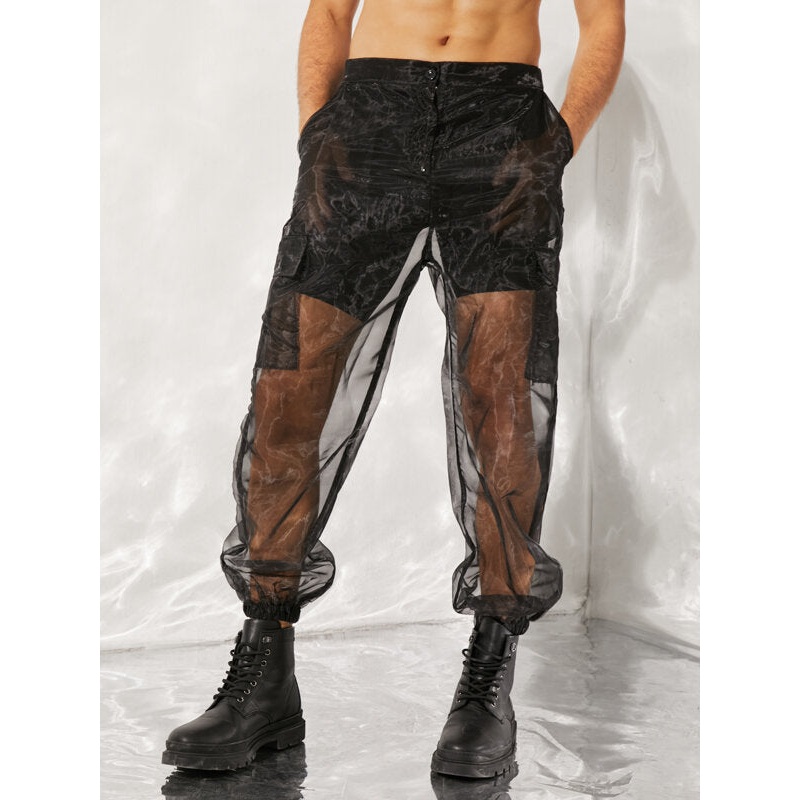 INCERUN Men Transparent Mesh Zipper Pants Nightclub Party Mens Pants Fashion Street Men’s Bottoms
