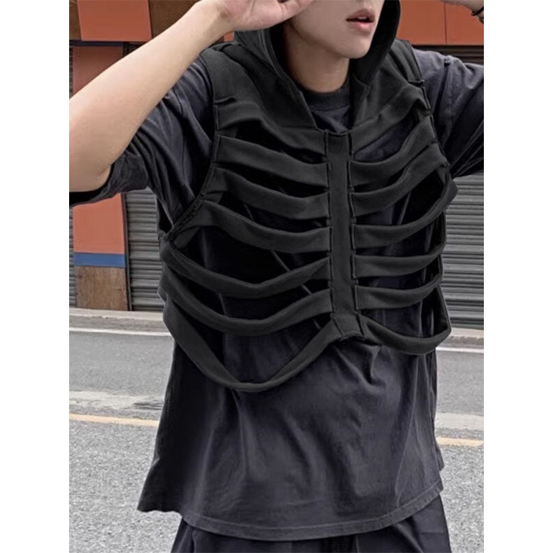 INCERUN Men Vests Skeleton Rib Deconstructed Design Hooded Sleeveless Streetwear Male Waistcoats Fashion Casual Vests Men S-5XL