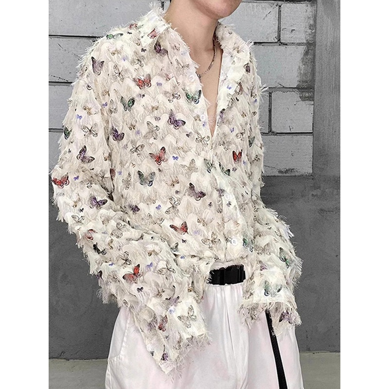 INCERUN Mens Shirt Butterflies Print Tassel Shirts Fashion Party Long Sleeve Lapel Top Summer Casual Male Clothing Shirts