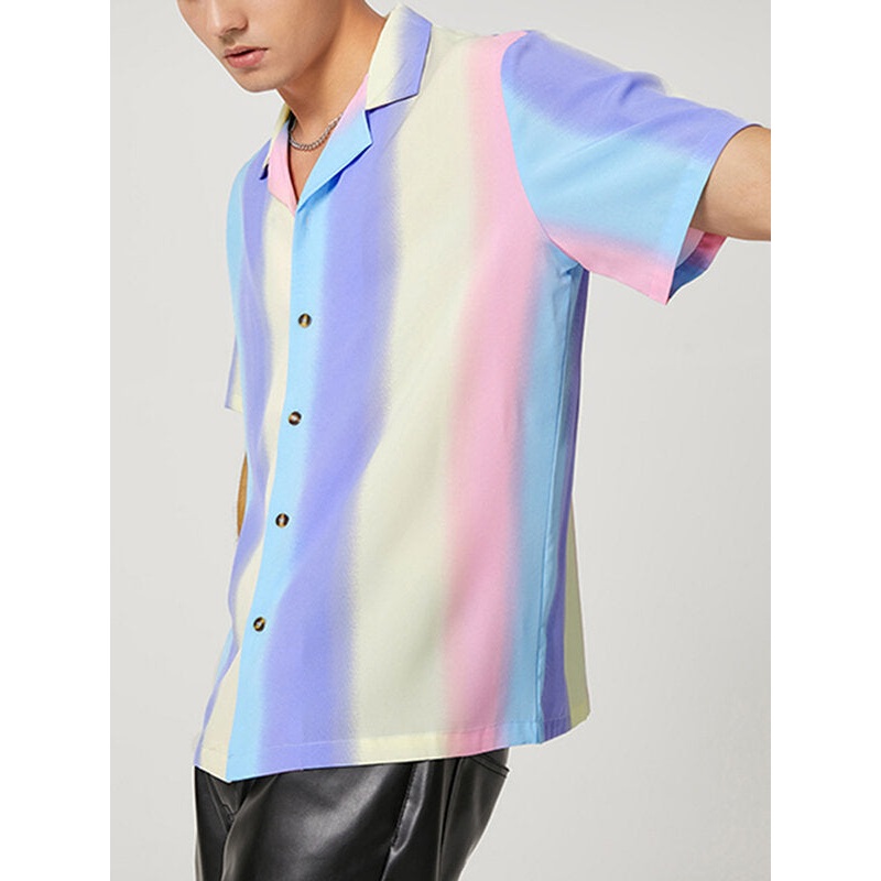 INCERUN Mens Shirt Fashion Casual Rainbow Print Shirts Short Sleeve Lapel Tops Summer Daily Men Clothing