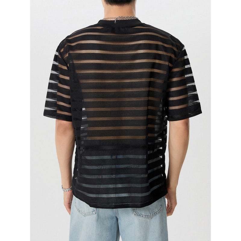 INCERUN Mens Shirt Fashion Striped Short Sleeve Men Tops See Through Party Nightclub Men Shirts S-5XL
