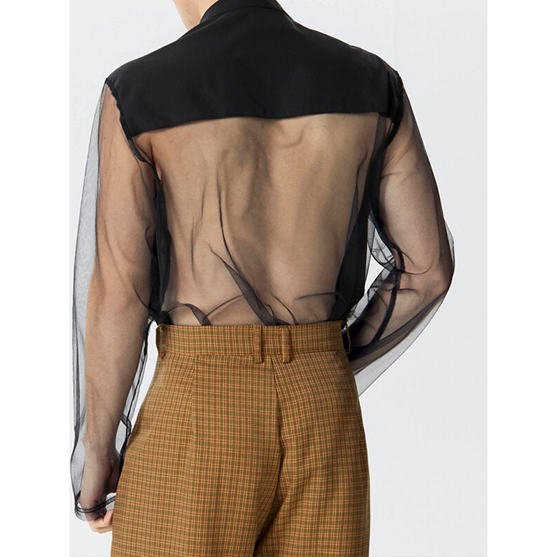 INCERUN Mens Shirt Fashion Swing Neck Patchwork Mesh Fabric Long Sleeve Shirts See Through Nightcklub Mens Clothing