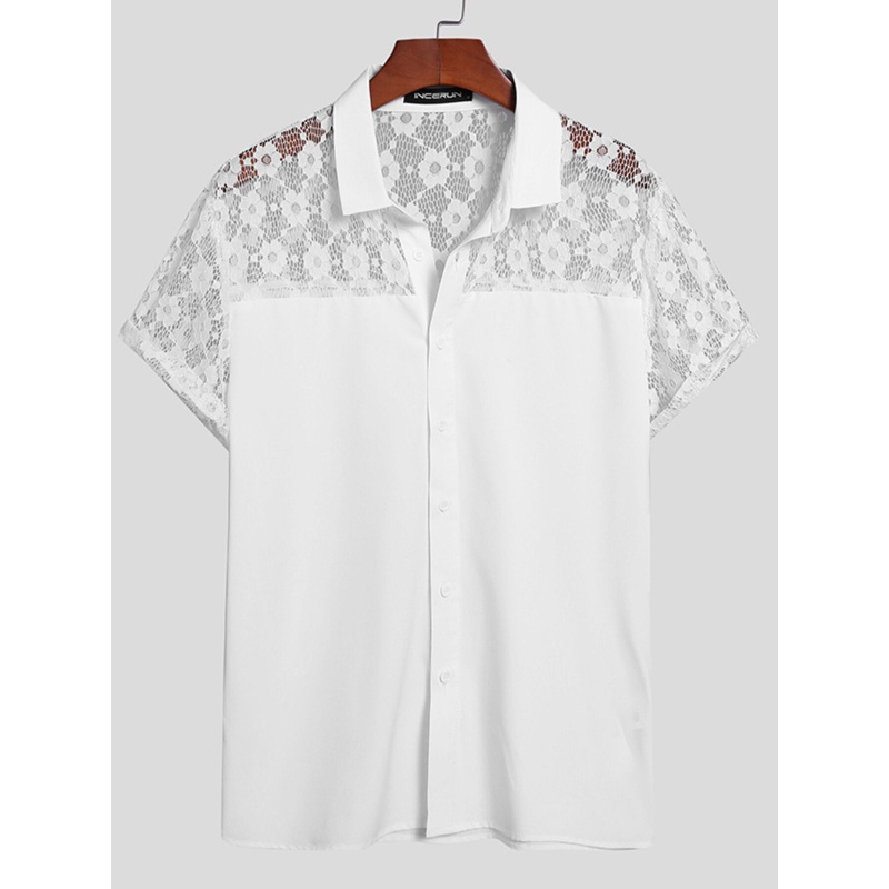 INCERUN Mens Shirt Patchwork Lace Short Sleeve White Shirt Summer Casual Daily Lapel Top Men Clothing