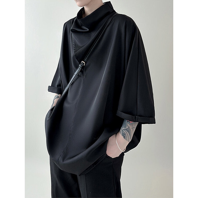 INCERUN Mens Shirt Simple Silky Stacked Collar Shirt Fashion Loose Fit Summer Half Long Sleeve Tops Men