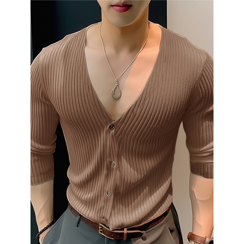 INCERUN Mens Shirt Solid Color Knitted V-neck Long Sleeve Top Shirts Casual Daily Men Streetwear Clothing