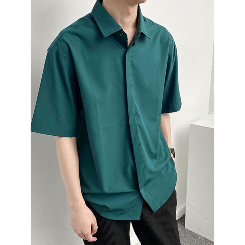 INCERUN Mens Shirt Solid Color Short Sleeve Shirts Summer Daily Lapel Casual Men’s Top Shirts