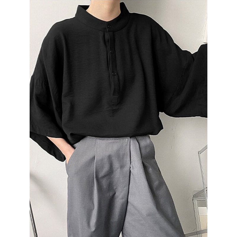 INCERUN Mens Shirt Solid Color Stand Collar Shirt Summer Casual Loose Fit Half Long Sleeve Top Men Clothing Shirts