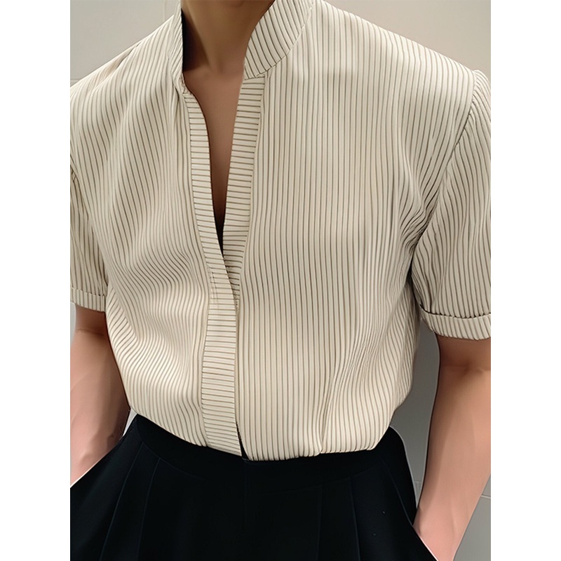 INCERUN Mens Shirt Striped Stand Collar Short Sleeve Top Shirts Summer Daily Casual Male Clothing Solid Color Shirts