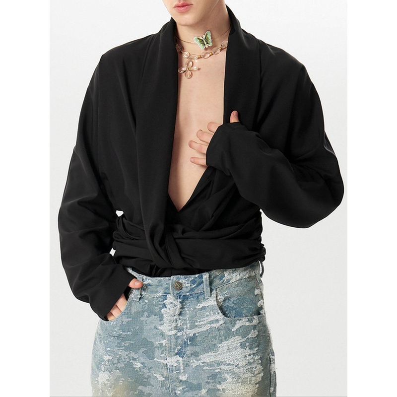 INCERUN Mens Shirt V-neck Waist Long Sleeve Shirt Summer Fashion Solid Color Comfortable Breathable Men Top