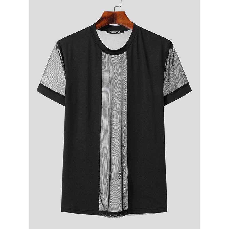 Mens Mesh Patchwork See Through Short Sleeve T-Shirt