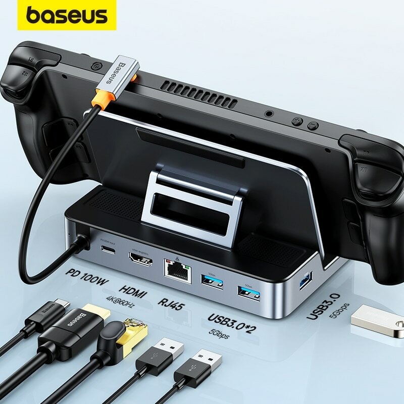 Baseus USB C Docking Station for Steam Deck Nintend Switch Type C to 4K@60Hz DP HDMI-compatible Gigabit Ethernet USB 3.0 Hub