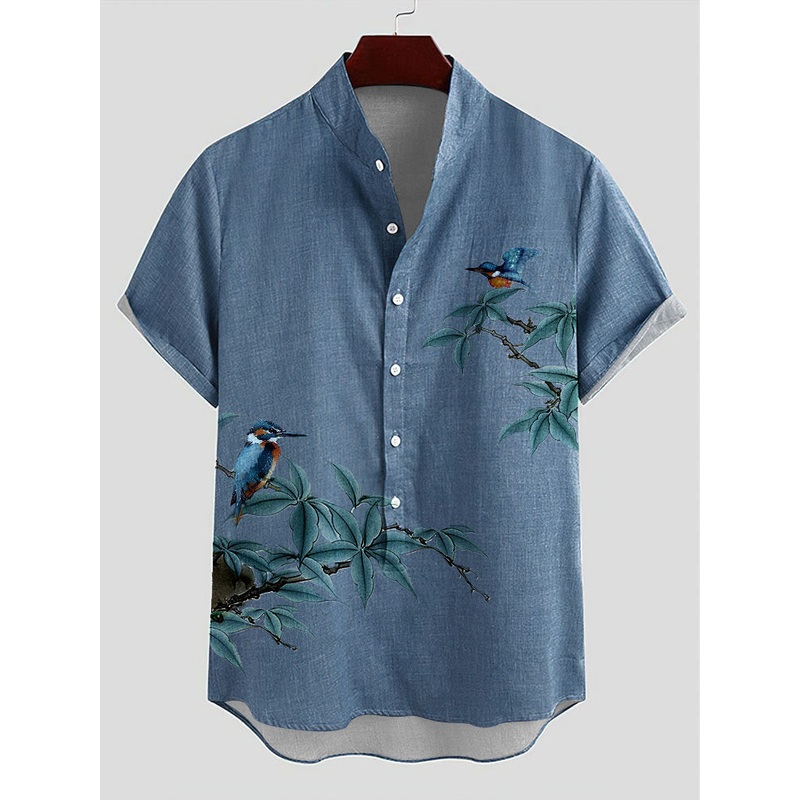 Mens Bird Plant Print Half Button Cotton Henley Shirts