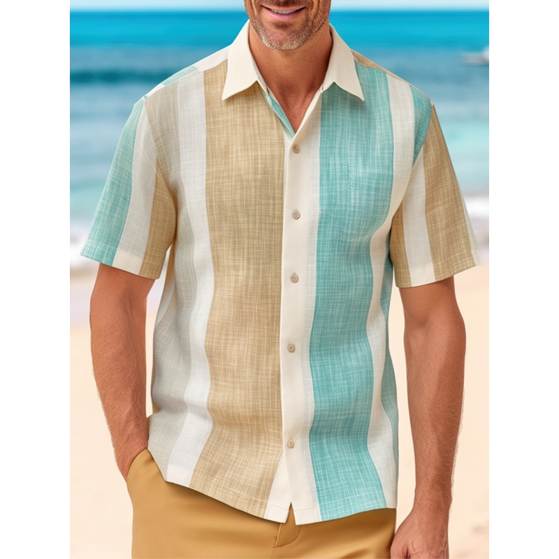 Mens Color Block Patchwork Button Up Short Sleeve Shirts