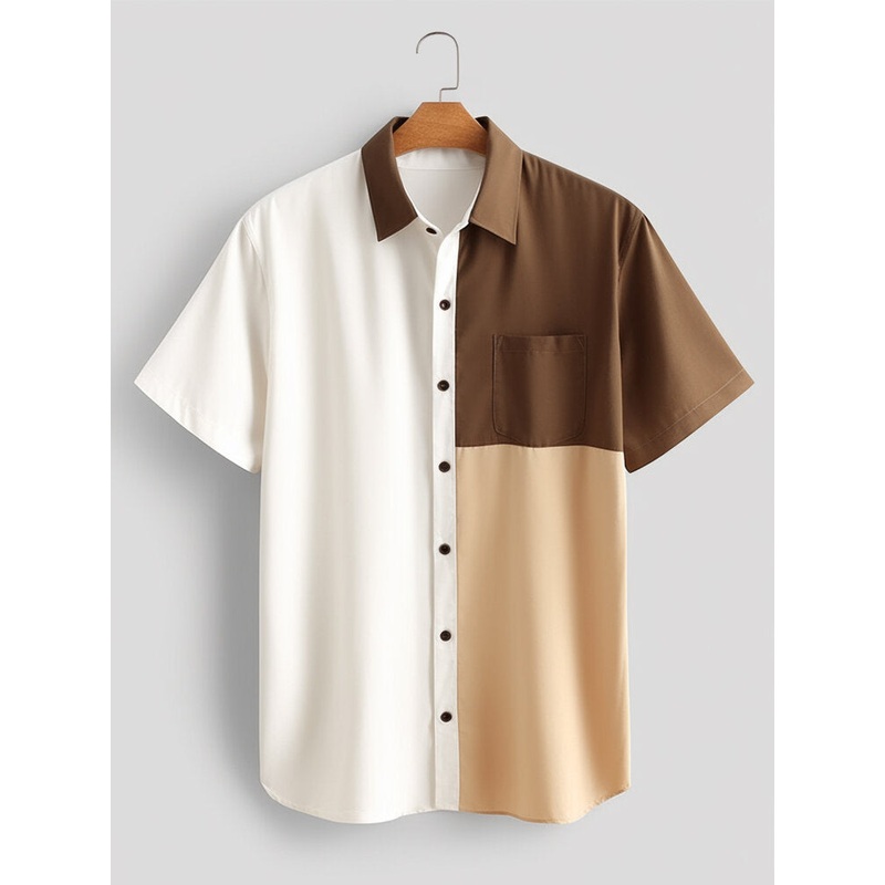 Mens Color Block Patchwork Lapel Casual Short Sleeve Shirts