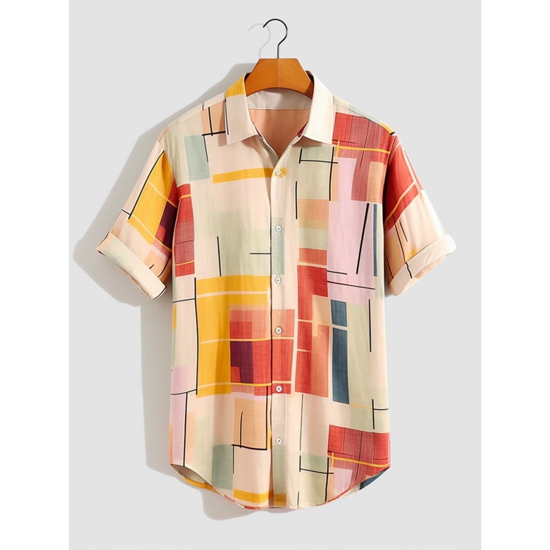 Mens Colorful Line Geometric Print Button Up Short Sleeve Shirts