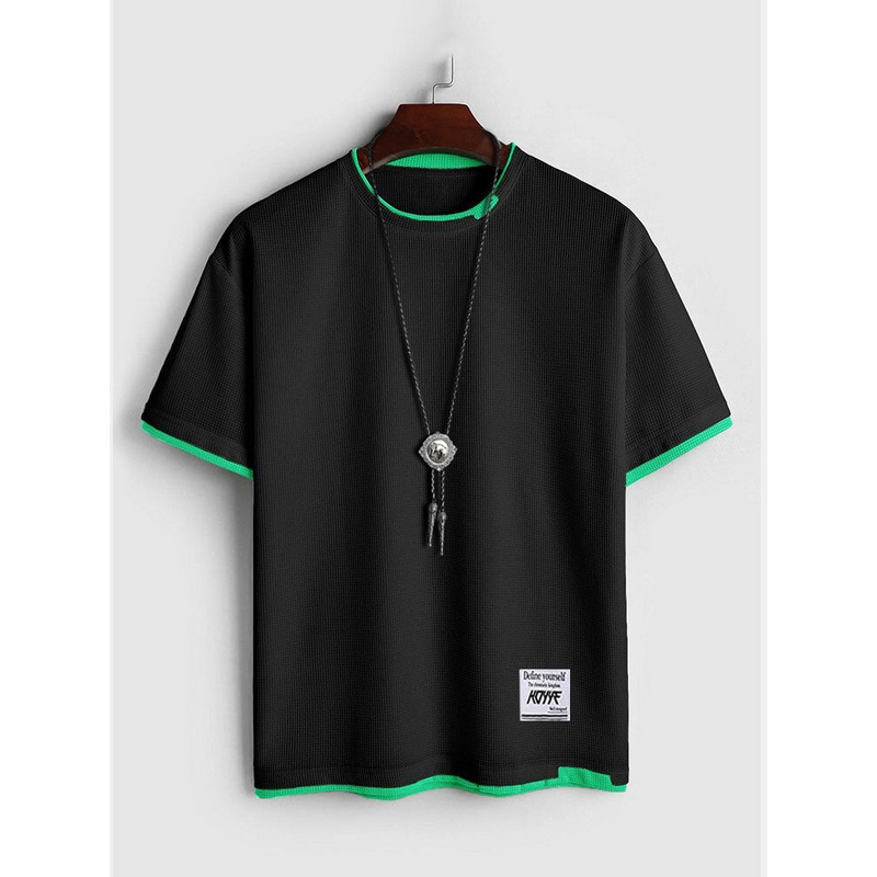 Mens Contrast Trim Patchwork Waffle Knit Short Sleeve T-Shirts