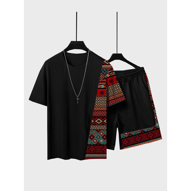 Mens Ethnic Geometric Print Patchwork Short Sleeve Two Pieces Outfits