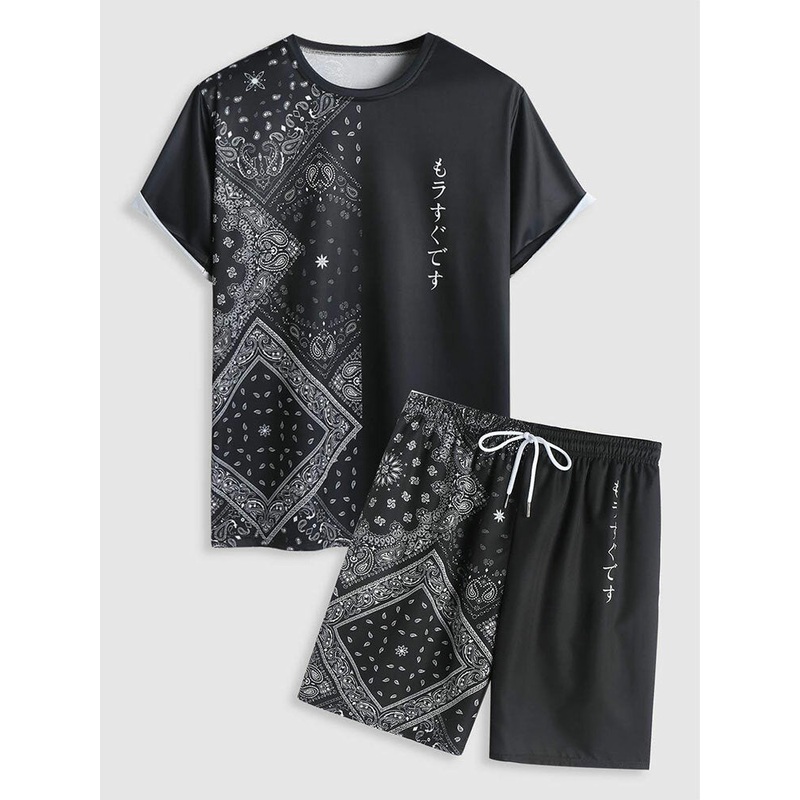 Mens Ethnic Paisley Japanese Print Patchwork Two Pieces Outfits