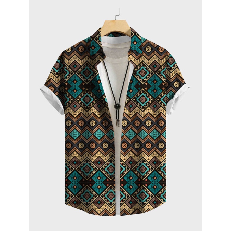 Mens Ethnic Vintage Geometric Print Lapel Short Sleeve Shirts