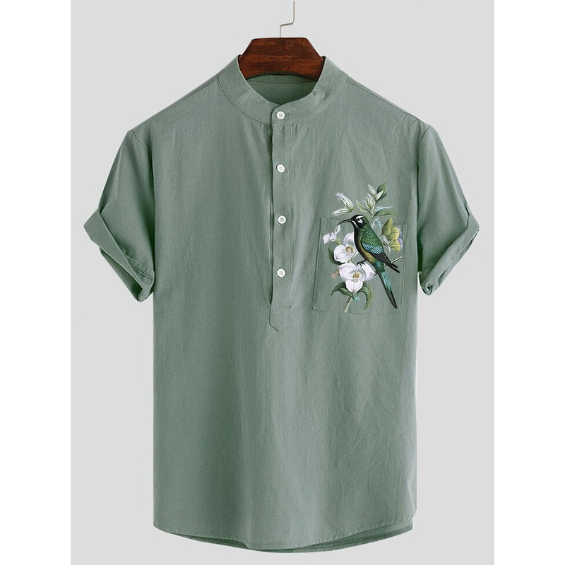 Mens Floral Bird Print Chest Pocket Cotton Henley Shirts