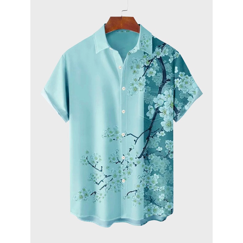 Mens Floral Print Patchwork Hawaiian Vacation Short Sleeve Shirts