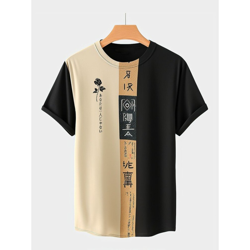 Mens Japanese Character Rose Print Patchwork Short Sleeve T-Shirts