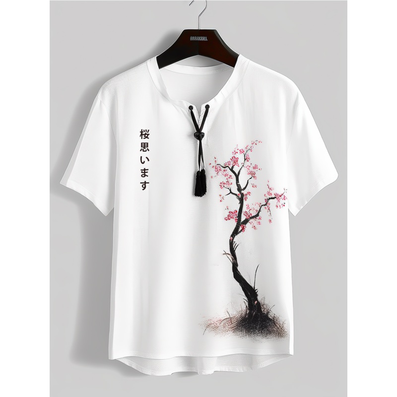 Mens Japanese Cherry Blossoms Print Tie Neck Cotton T-Shirts