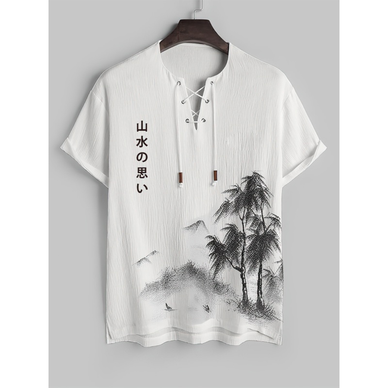 Mens Japanese Landscape Print Lace Up Neck Side Split Texture T-Shirts