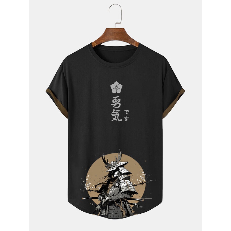 Mens Japanese Warrior Print Curved Hem Short Sleeve T-Shirts
