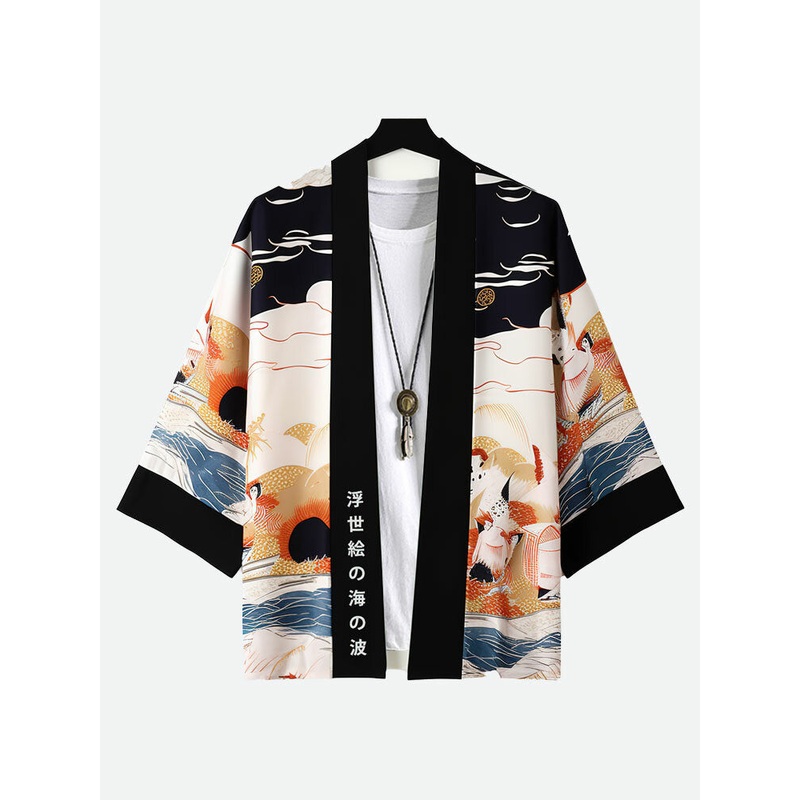 Mens Japanese Wave Ukiyoe Print Loose 3/4 Sleeve Kimono