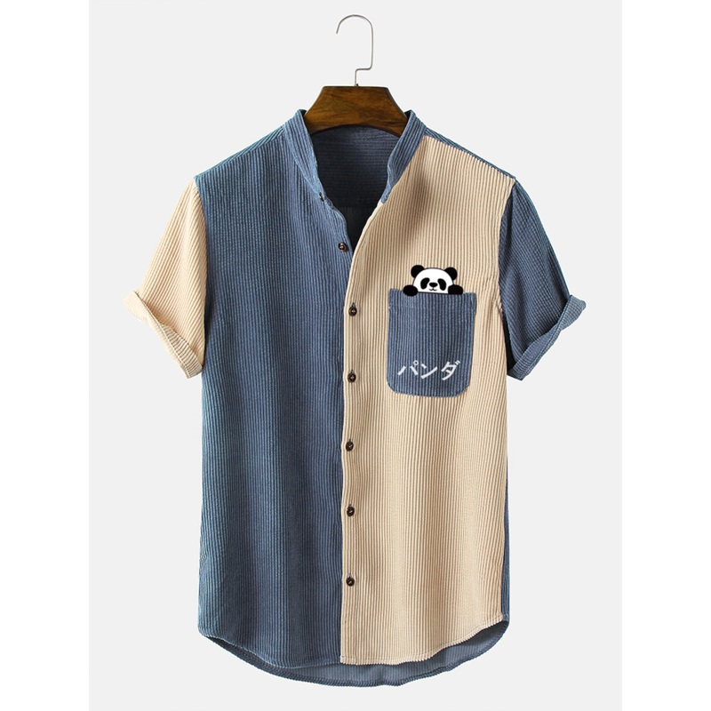 Mens Panda Japanese Print Patchwork Corduroy Short Sleeve Shirts