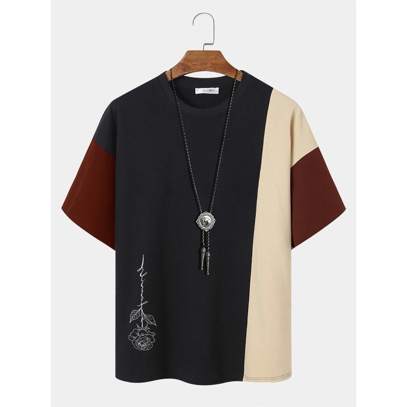 Mens Rose Print Color Block Patchwork Cotton Short Sleeve T-Shirts