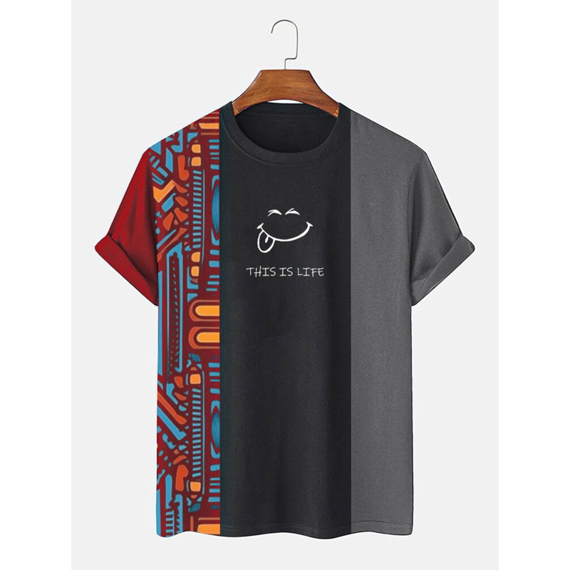 Mens Smile Slogan Print Patchwork Ethnic Short Sleeve T-Shirts