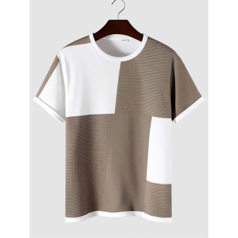 Mens Texture Color Block Patchwork Casual Short Sleeve T-Shirts
