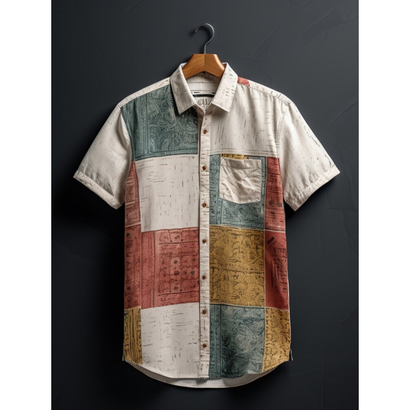 Mens Vintage Print Color Block Button Up Short Sleeve Shirts